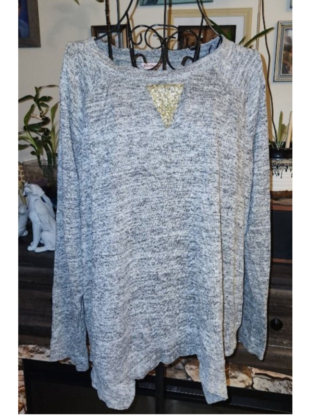 Juicy Couture Gray Long Sleeve knit top with Gold Embellishment L